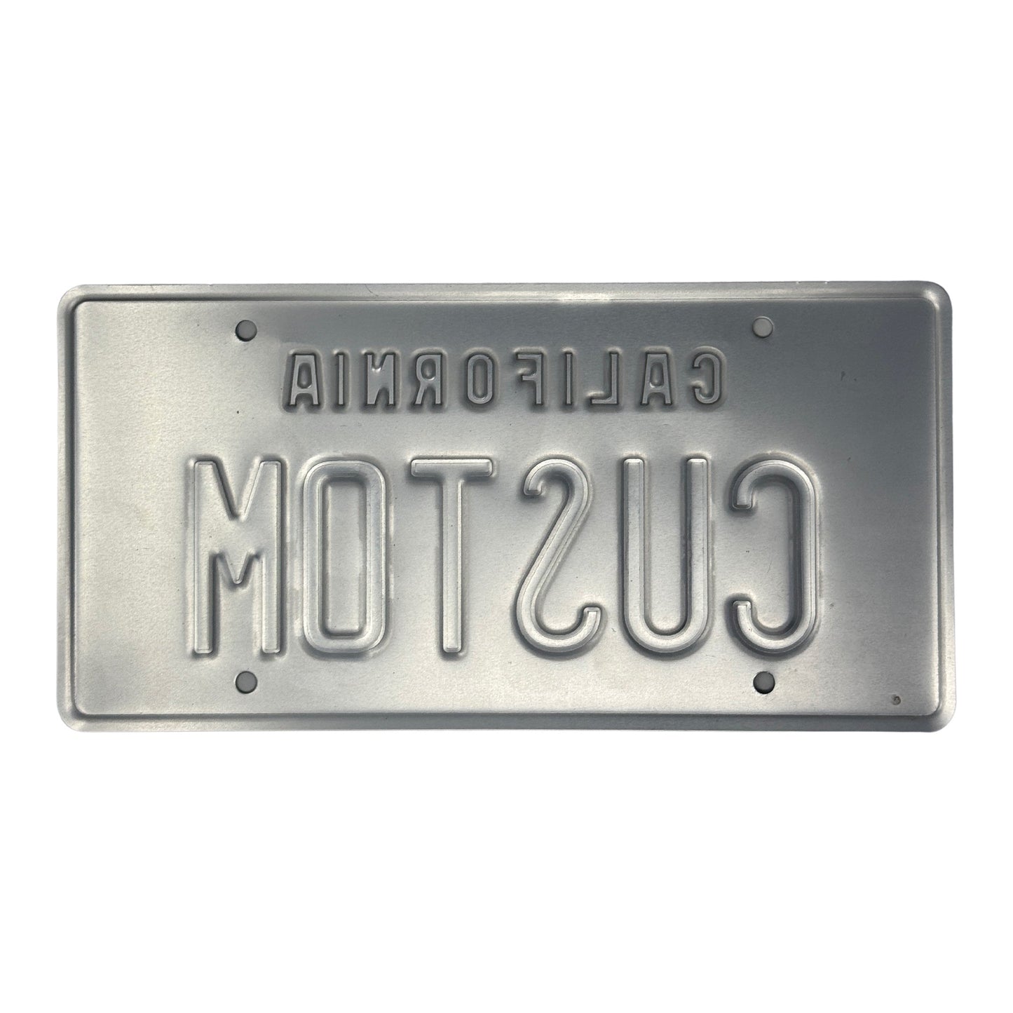 This is the backside of the embossed black and yellow California Legacy style license plate in which you can see both the California and the letters are stamped into the license plate.