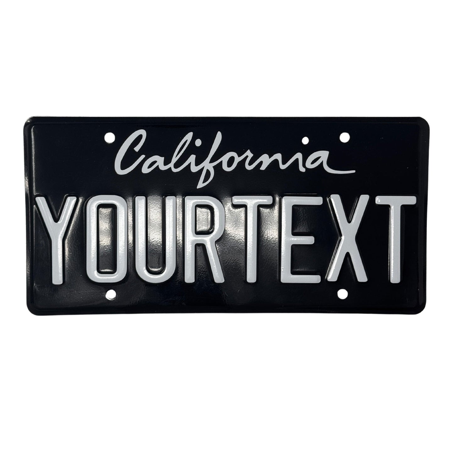 California license plate. The top one is a black and white license plate with a cursive "California" writing. The license plate spells out "YOURTEXT". 